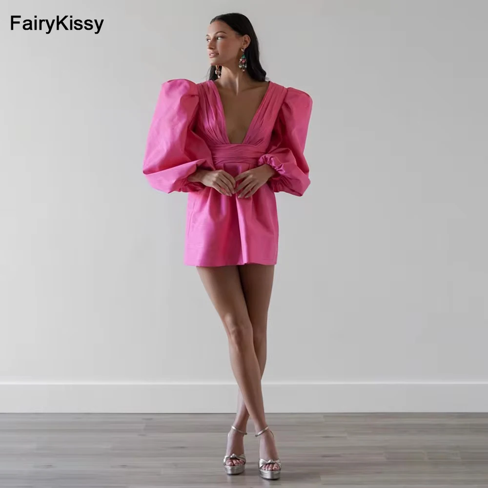 

FairyKissy Simple Deep V-Neck Satin Long Puff Sleeve Formal Prom Dress for Women Short Mini Prom Evening Gown with Pockets