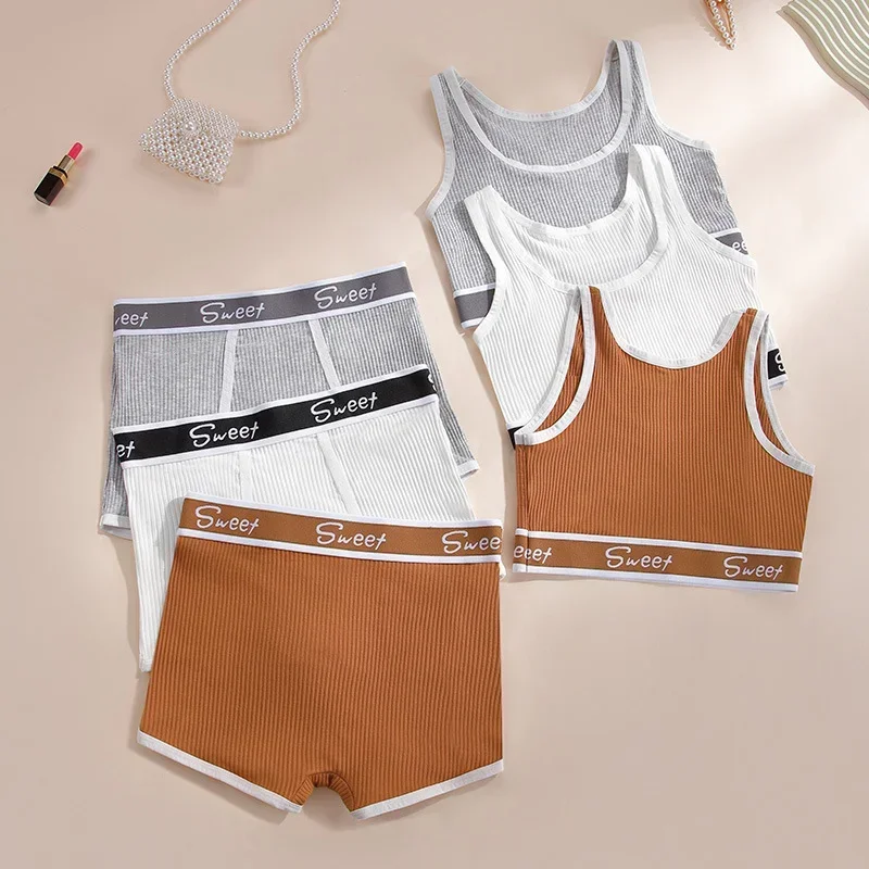 Women Seamless Underwear Set Fitness Pure Cotton Underwear Wide-brimmed Letter Sports Vest Middle Waist Boxer Briefs Bra Set