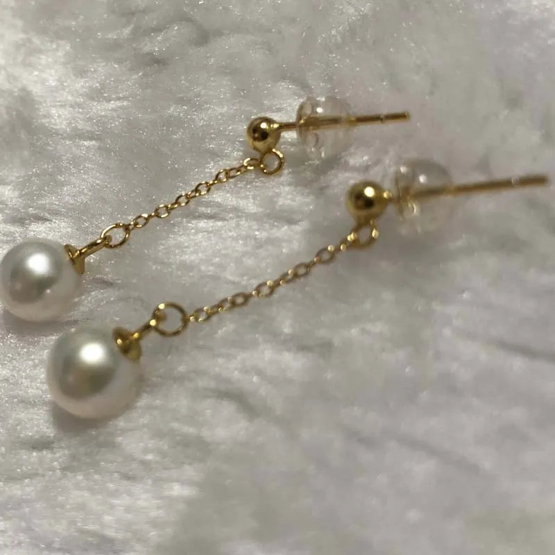 ELEISPL JEWELRY Lots 5 Pairs 7-8mm Round FW Pearl Dangle Earrings Gold Chain  #2300132－1