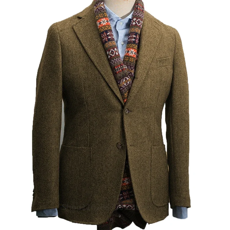 Autumn Winter Mens Vintage Suits Herringbone Tweed Wool Retro Tuxedos Wedding Blazer Blend Jacket