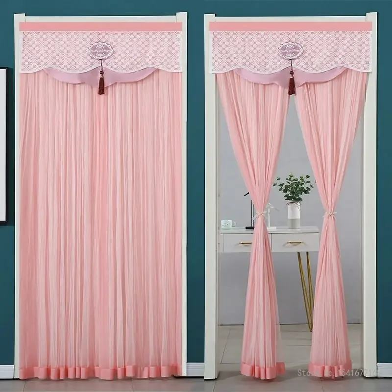 Punch-Free Mosquito Screen Door Curtain, Breathable Bedroom Partition Curtain, Double Layer Opaque Yarn Lace Door Curtain, 1Pc