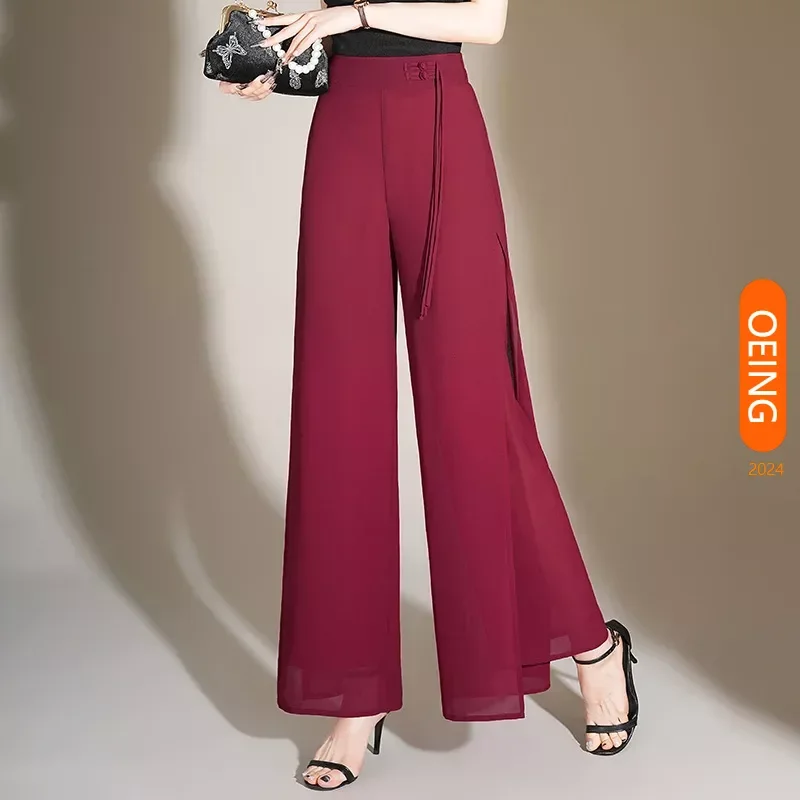 

Women Chiffon Straight Wide Leg Pants 2024 Summer New Vintage Chinese Style High Waist Slim Casual Thin Trousers Plus Size 2417