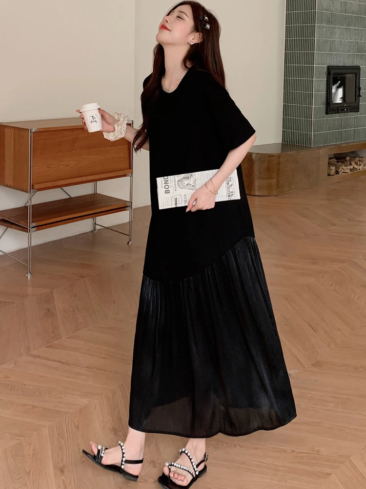 NYFS plus Size Women's Dress Summer 2025 Loose Patchwork Two fakes Long Dresses Robe Elbise Black Short Sleeve Korean Style