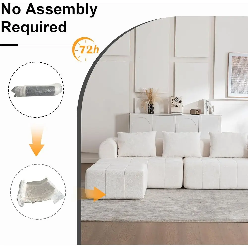 Divano componibile a L avorio 95 con posti a sedere profonde e pouf, tessuto ciniglia, mobili da soggiorno pronti da usare