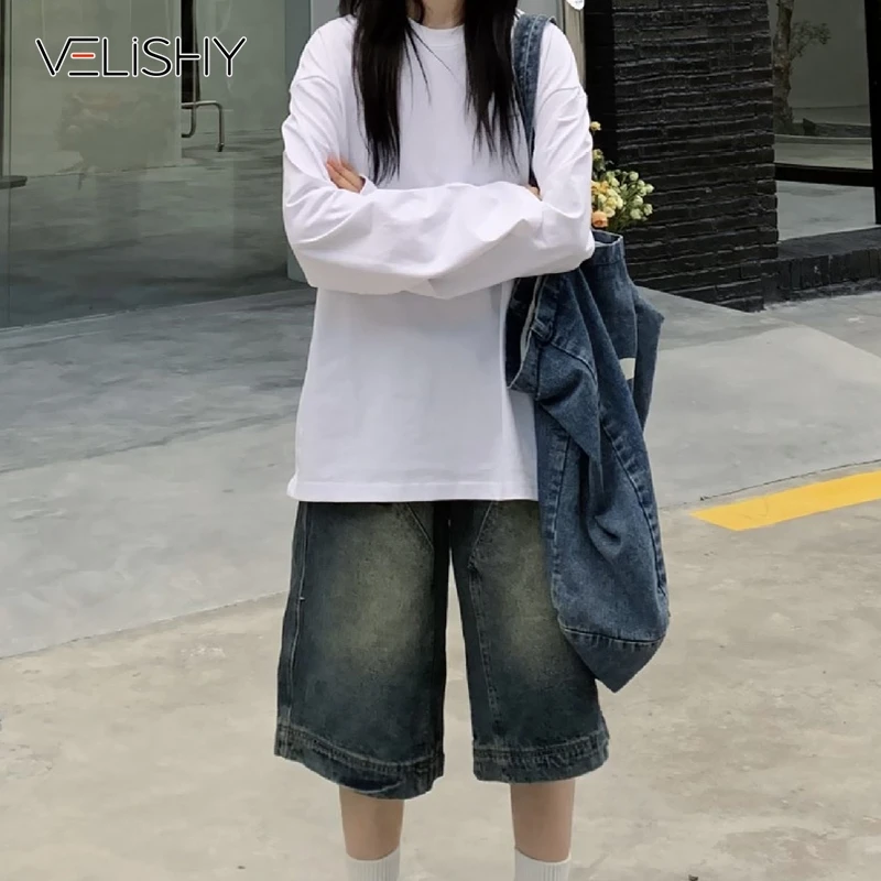 Y2K Vintage Baggy Jean Shorts Womens Washed Wide Leg Capri Pants Casual Barrel Jeans Denim Shorts Mens Oversized Jorts