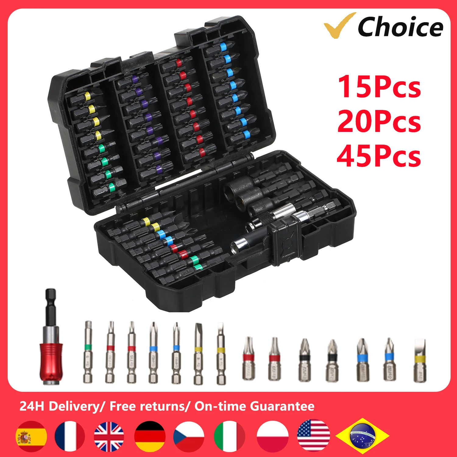 

15/20/45PCS Drill Bit Set Screwdriver Bit Set Impact Driver Bit Set for Wood Metal Steel and Security Screwdriver Bits with Case