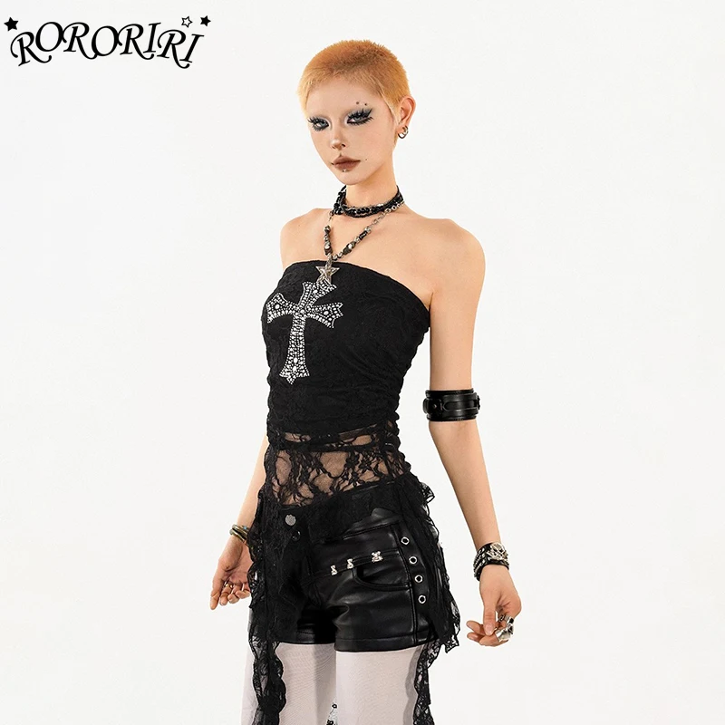 

RORORIRI Punk Gothic Cross Rhinestone Corset Vest Women Backless Sexy Lace Stitch Ruffle Hem Irregular Top Y2k Retro Streetwear