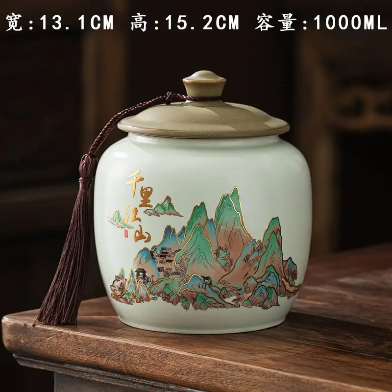 Creative Painted Mountain Pattern Ceramic Tea Jar Large Capacity Sealed Moisture-proof Storage Jar Coffee Beans Candy Food Jar