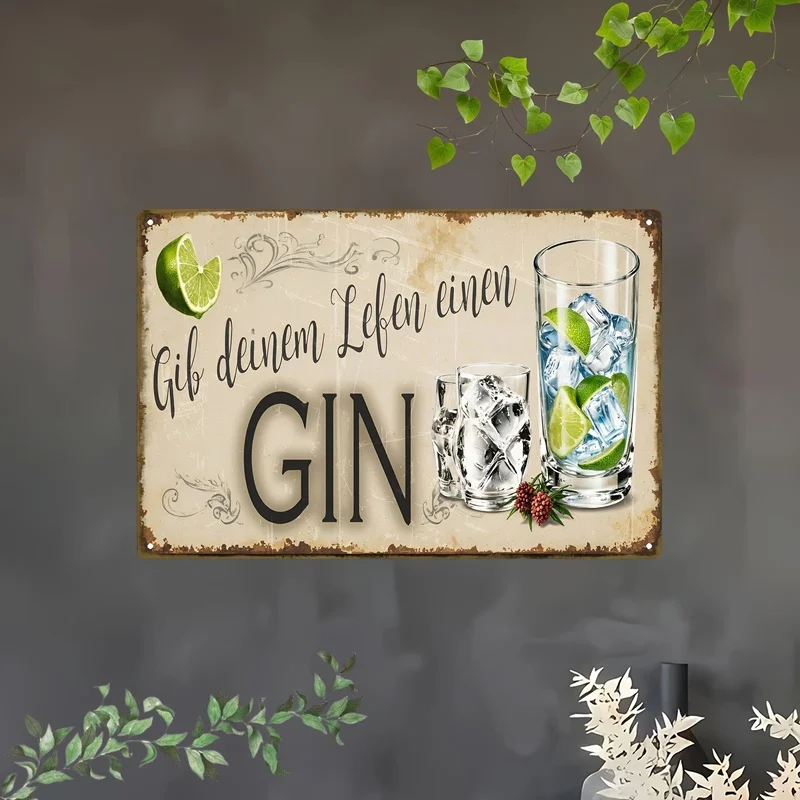 2D Flat - A Single Piece of a 20*30 CmTin Sign And Plaque, Showcasing a Vintage Design with a Gin And Tonic Theme. This Premium