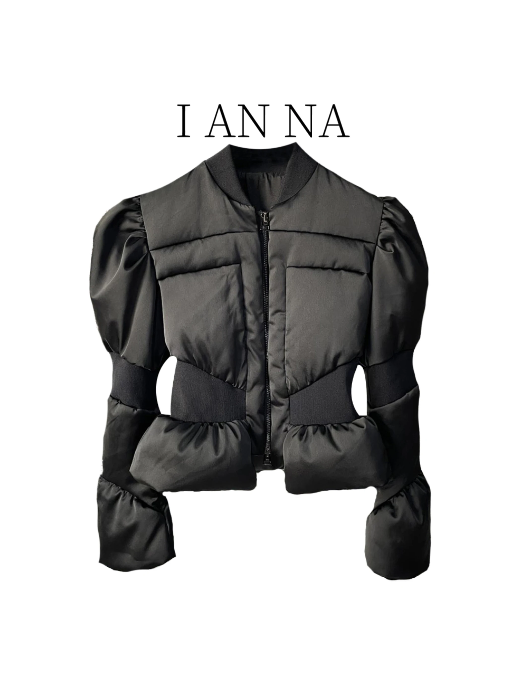 Black Short High Waist Thickened Bubble Sleeve Cotton Jacket Women's Slimming Outerwear Winter New Style Korean Style Zipper ...