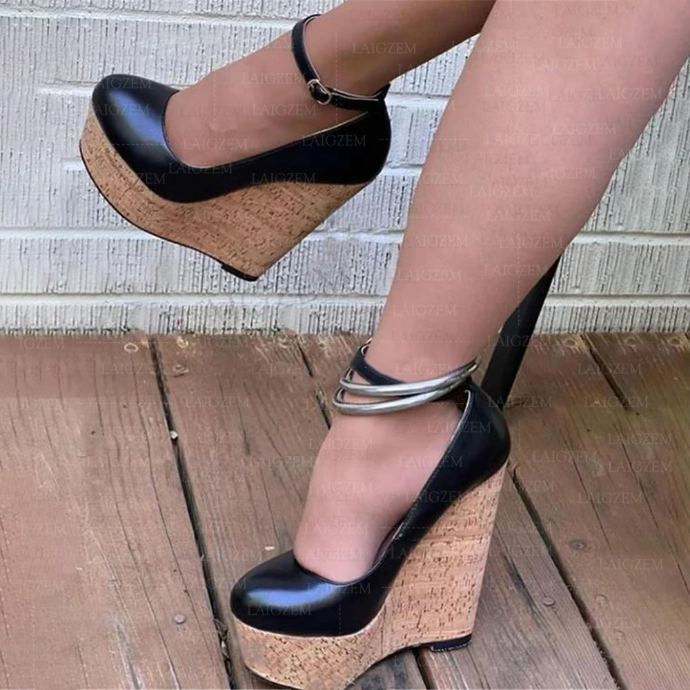 

BERZIMER Women Sandals Platform Wedges Ankle Straps Pumps Round Toe Faux Leather Party Ladies Shoes Woman Plus Size 42 45 50 52