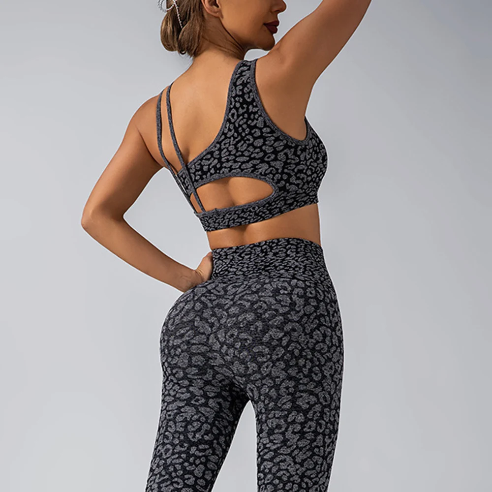 Sexy Leopard Print Fitness Suit Seamless Sports Top Women's Tracksuit High Waist Leggings Workout Underwear Set Yoga Clothes