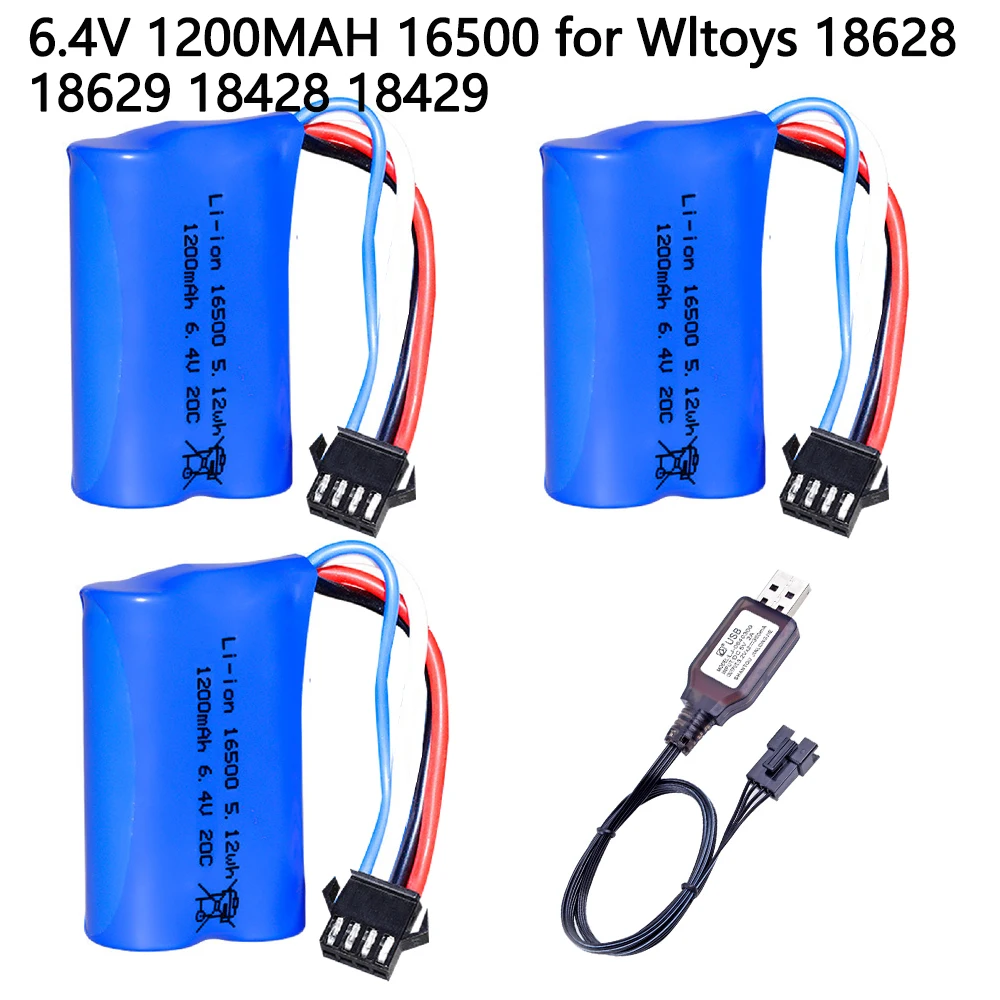 6.4V 1200mah akumulator litowo-jonowy 16500 SM-4P wtyczka z ładowarką USB do Wltoys 18628 18629 18428 18429 1/18 części do zabawek zdalnie sterowana