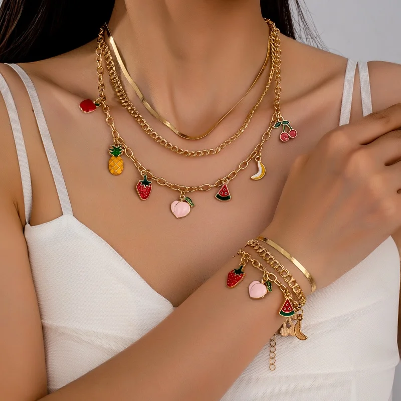

Creative and Interesting Fruit Pendant Women's Metal Necklace Bracelet Set Fashionable Summer Vacation Travel Beautiful Jewelry