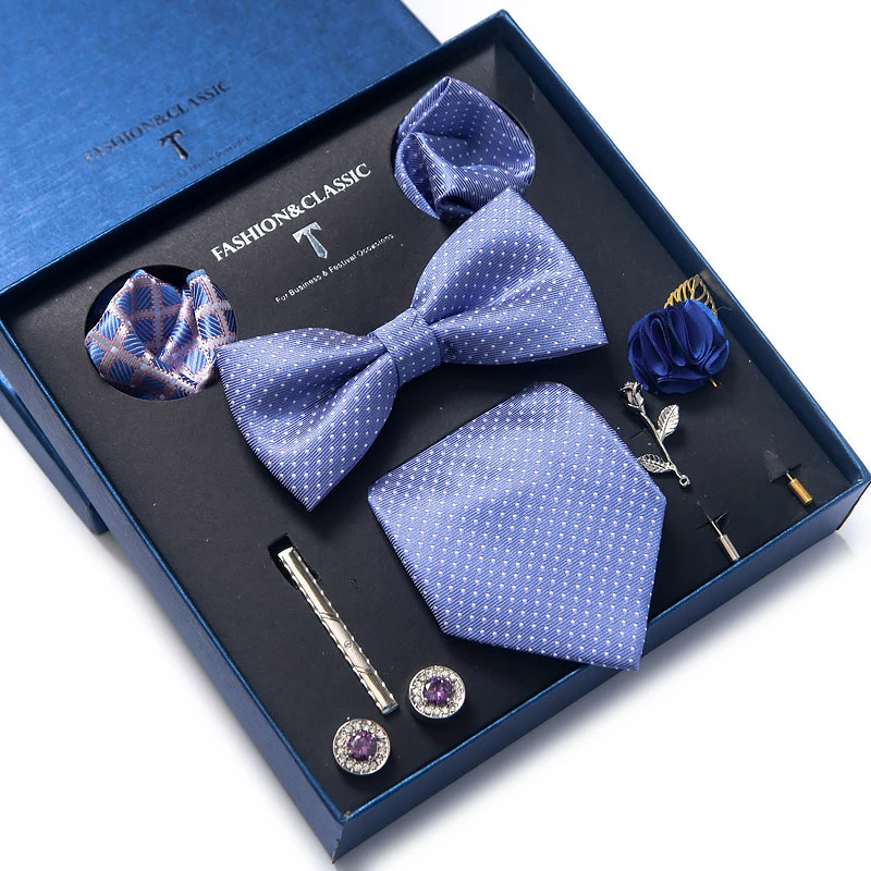 Holiday Present Tie Handkerchief Pocket Squares Cufflink Set Necktie Box Striped Dark Blue April Fool\'s Day