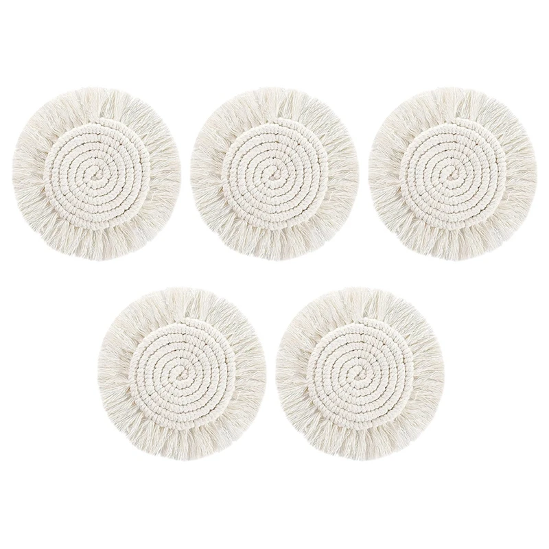 5PCS Coasters For Drinks Absorbent Macrame Handmade Cotton Coasters For Coffee Table, Boho Coaster Set With Tassels Heat