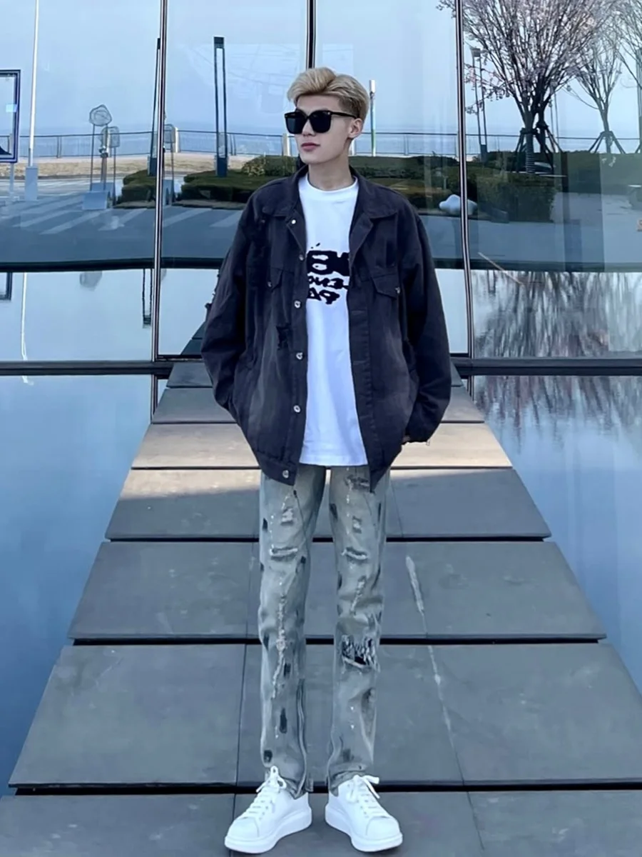 

Мужские джинсы-скинни Heavy Du в уличном стиле, с эффектом потертости и брызгами чернил, прямые, на молнии, длинные брюки