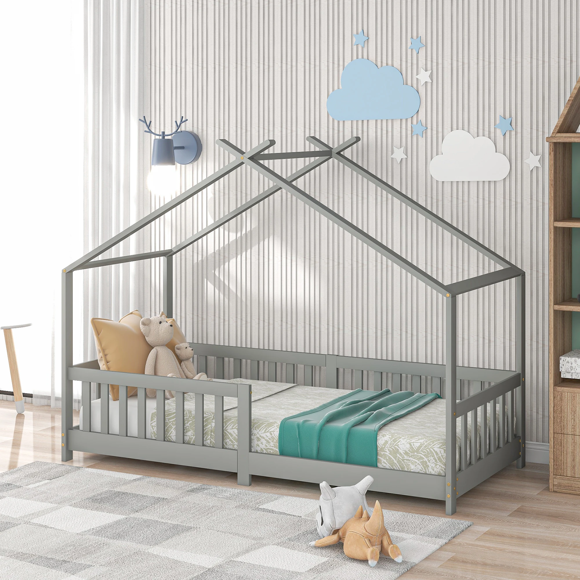 Beautiful House bed with fence & slatted frame, children's bed made of solid wood with safety, gray, 200x90 cm