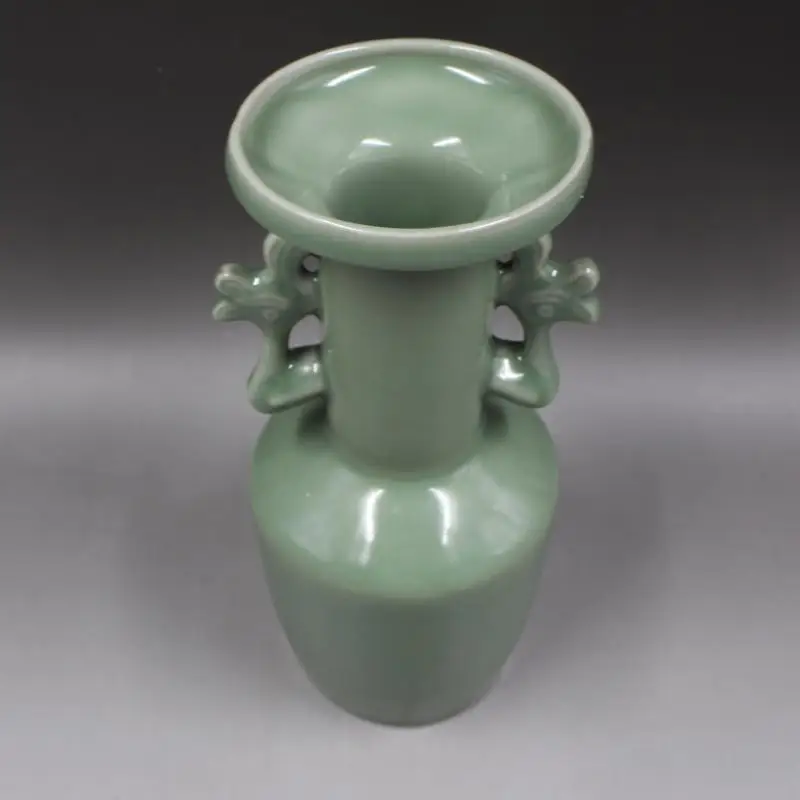 Chinese Porcelain Song Longquan Kiln Celadon Glaze Double Phoenix Ear Vase 9.37