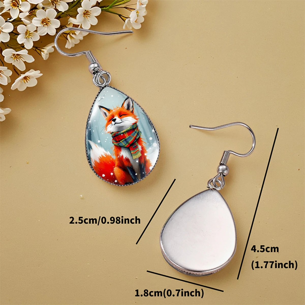 الثعلب مع وشاح في الثلج يضحك الأقراط المتدلية العصرية والمجوهرات الزجاجية #2