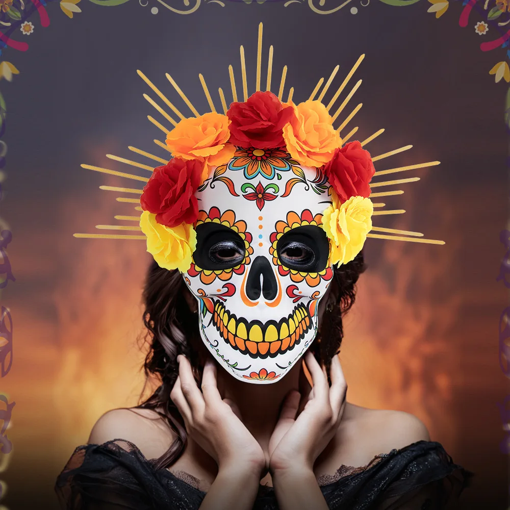 W38xH35cm Day of the Dead Flowers Headband Mask EVA Foam Skull Mask Party Makeup Costume Festival Props