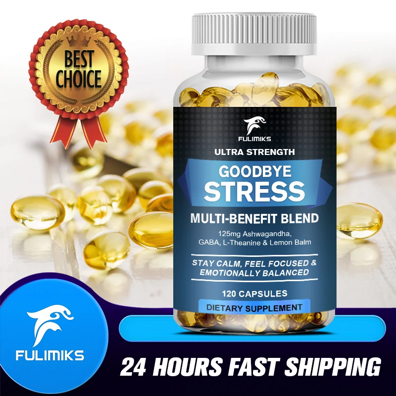 Natural Goodbye Stress, 60/120 Capsules Contains GABA, L-Theanine, Mood and Stress Relief, Gluten Free, Non-GMO