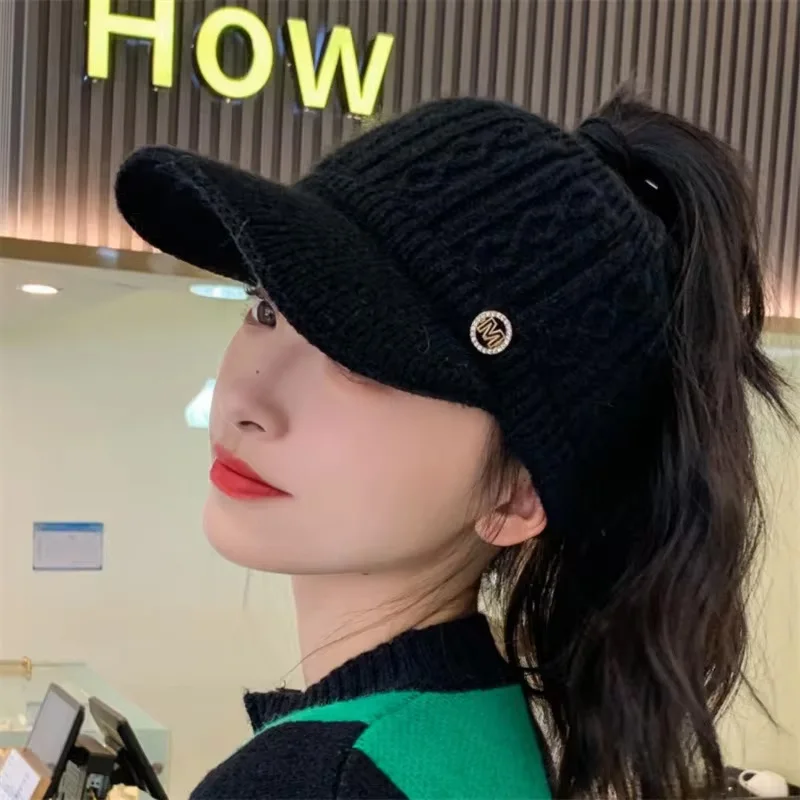 Winter Hats for Women 2024 New Fashion Winter Warm Earflaps Knitted Hat Baseball Caps Outdoor Sport Windproof Ponytail Hat Visor