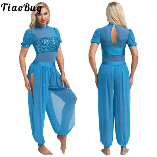 Imagen 1 del producto Traje de danza del vientre para mujer, conjunto de mono de malla con lentejuelas y abertura lateral de princesa árabe para Festival de Halloween, Ropa de baile