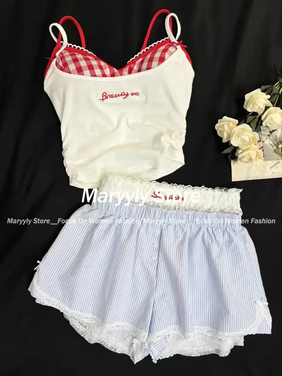 Sweet Sexy Lace 4 Piece Set Women Y2k Plaid V Neck Sling Tops + Elastic Waist Bow Short Pants Summer Fashion Hot Girl Suits New