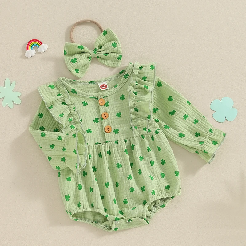 Infant Girl s St Patrick s Day  Set Green Clover Print Bodysuit with Matching Headband for Autumn Wear