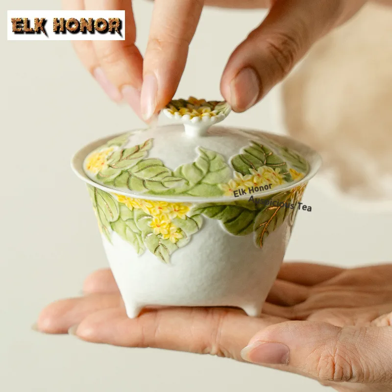 

100ml Hand-drawn Golden Osmanthus Gaiwan Aesthetic Tea Tureen Tea Bowl With Lid Kit Tea Maker Cover Bowl Tableware Decoration