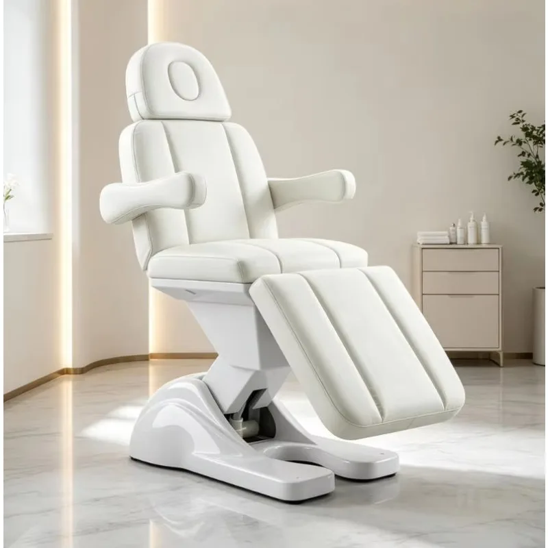 Electric Adjustable Beauty Salon Facial Bed Hydraulic Spa Treatment Table with Face Hole Armrest White PU Massage Bed