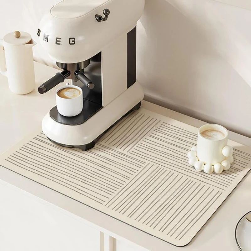 VIKAMA Kitchen Drain Mat Cream Grey Line Geometric Print Dish Drying Mat Water Absorbent Quick Dry Anti Slip Soft