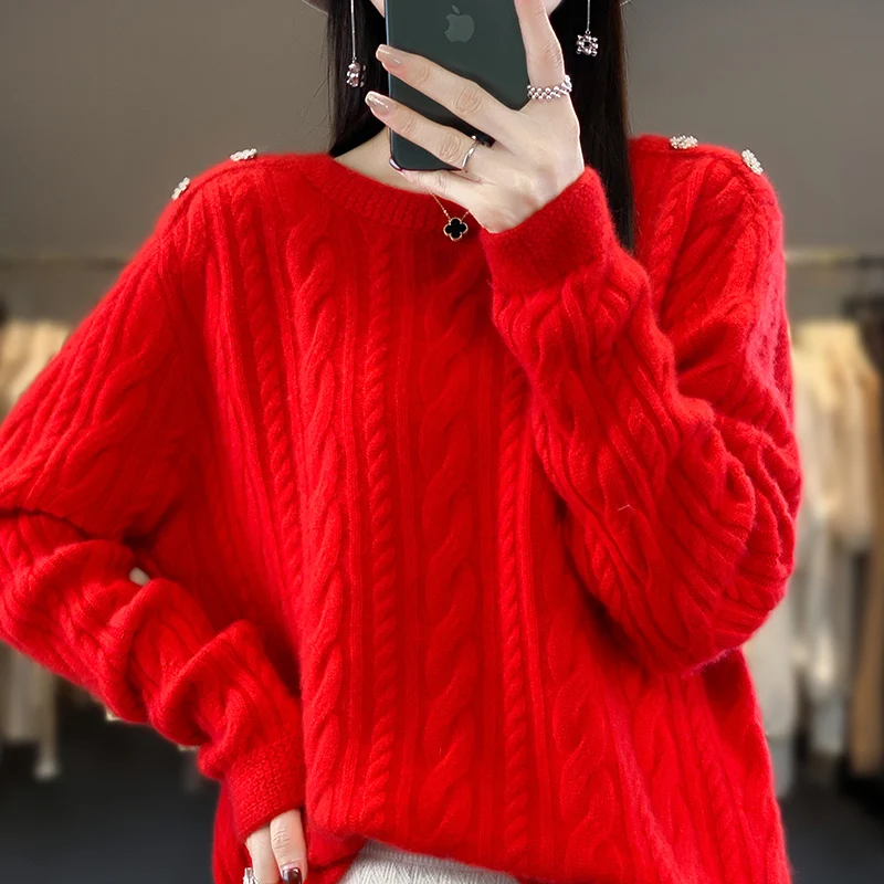 Modello di lino autunno/inverno nuovo pullover di lana merino al 100% Maglione di cashmere Maglia da donna a mezzo collo alto con fondo caldo