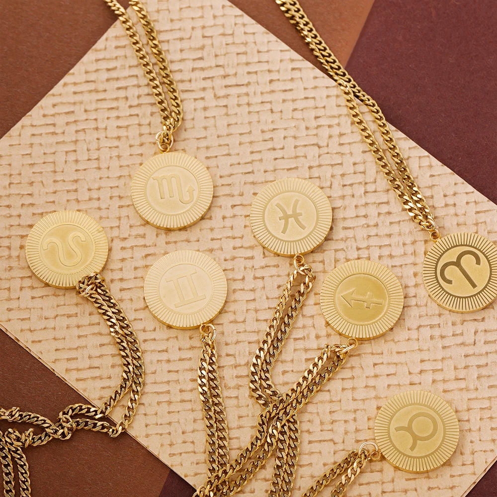 12 كوكبة رموز قلادة دائرية 18K مطلية بالذهب مقاوم للماء أسلوب فاسق جولة الرقبة مجوهرات هدية عيد ميلاد ل As #4