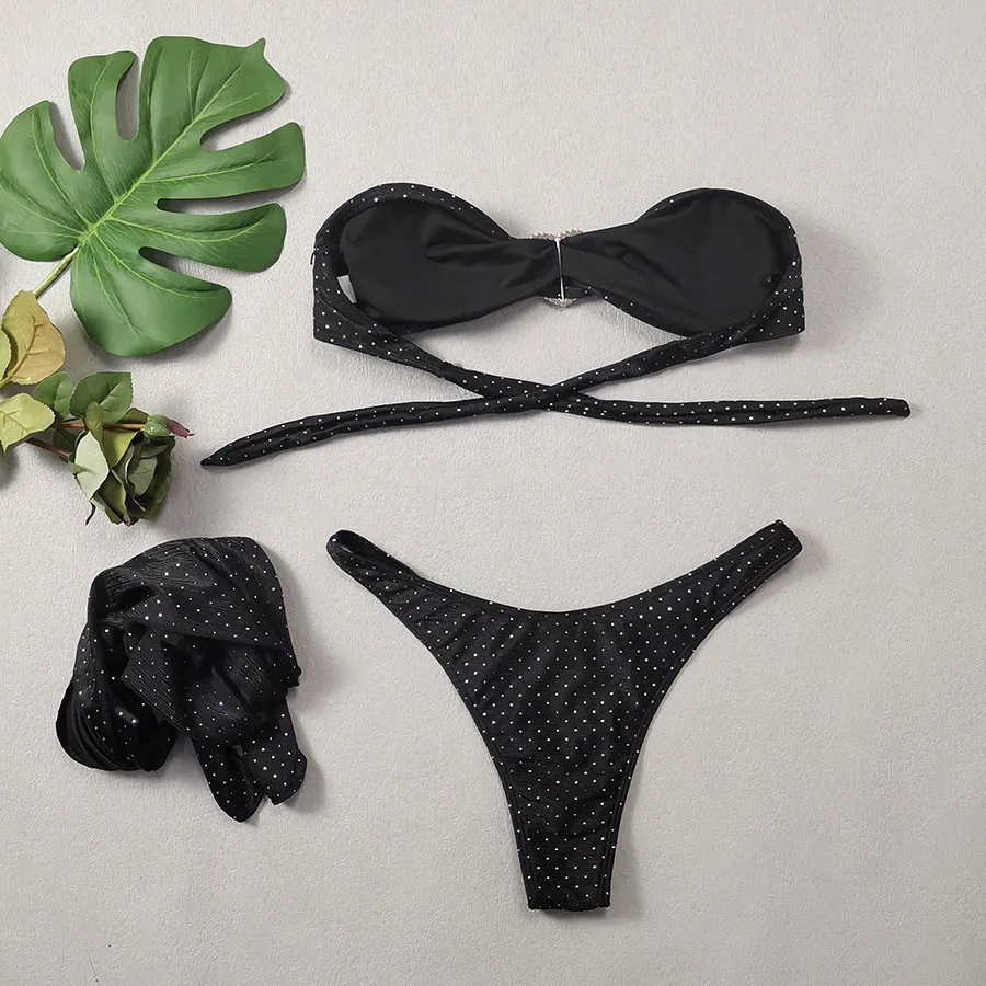 Conjunto De Bikini Bandeau negro brillante, traje De baño De 3 piezas, traje De baño Sexy para Mujer, traje De baño De corte alto, ropa De playa, Bikinis De Mujer