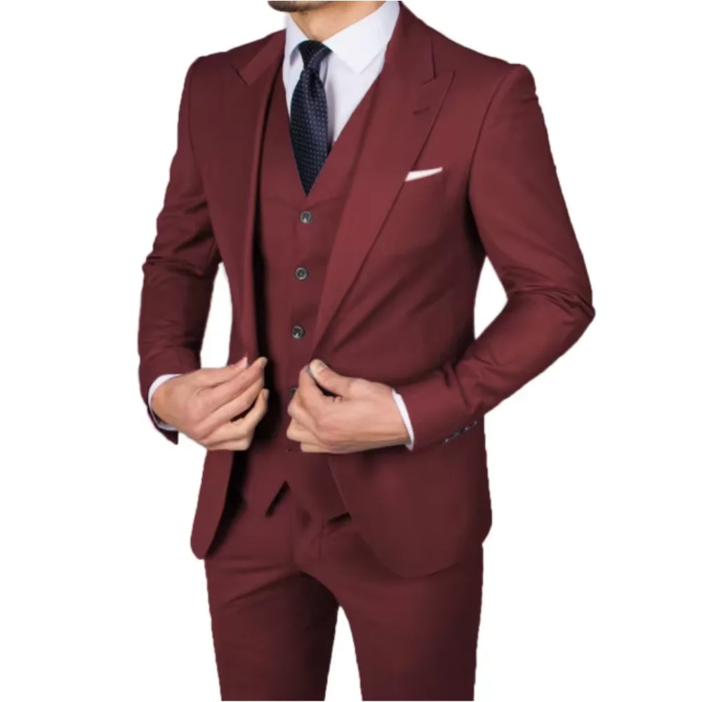 

Бордовые мужские костюмы Slim Fit из трех предметов с остроконечными лацканами, однобортные, для свадебной вечеринки, жениха, повседневные пиджаки на заказ, куртка, жилет, брюки