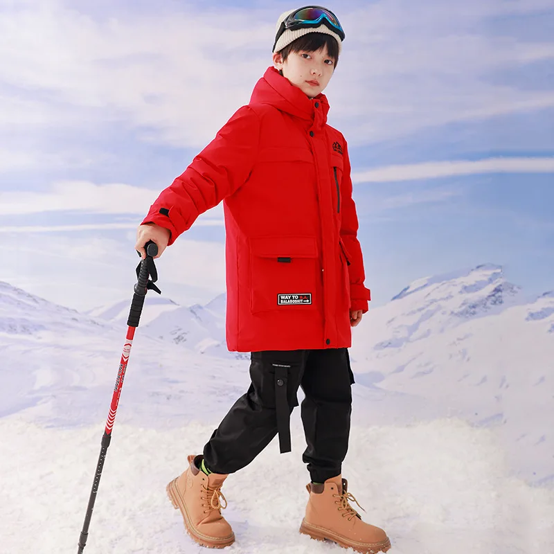 Boys Girls Kids Long Loose Thickened Duck Down Jacket Red Blue Black Baby Coat Teenagers Hooded Padded Jacket Clothes Winter