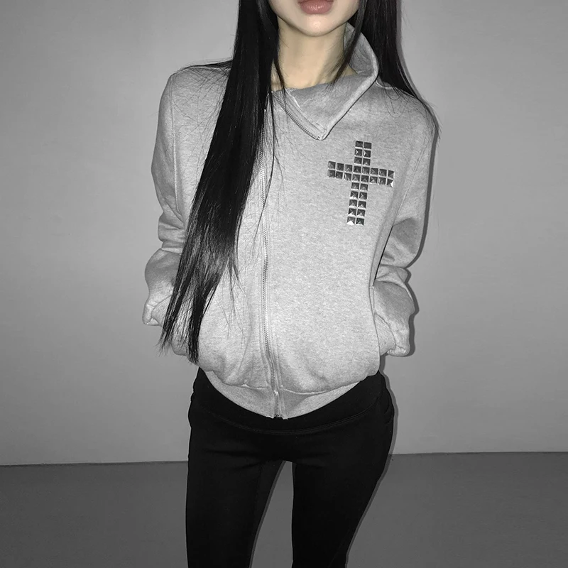 Autumn And Winter New Irregular Diagonal Zipper Retro Hoodie Stand Collar Solid Color Slim Fit Cross Pattern Casual Jacket