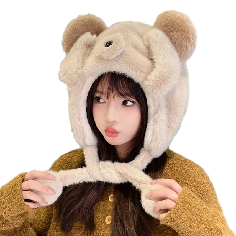 Plush Bear Ear Hat for Winter Warm Caps Pullover Hat Roleplay Party Costume Hat Unisex Trapper Hat for Mountain Climbing