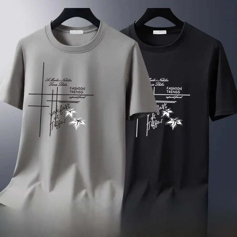 Loose Fit Ice Silk Short Sleeve T-Shirt round Neck Casual Style Men's Summer Top Bright Thread Detailing Regular Length