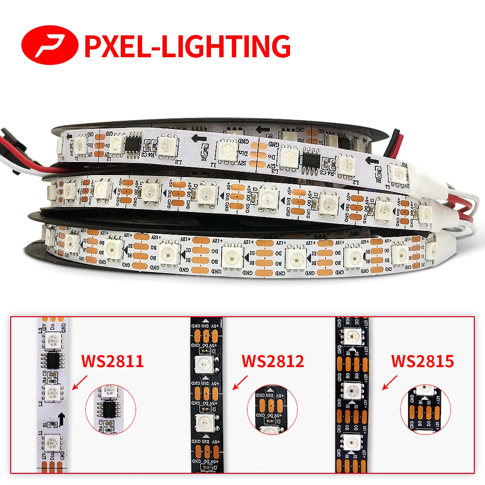 Faixa de luz LED com pixel inteligente, grânulos de lâmpada RGB endereçáveis, cor cheia, 5050, WS2815, WS2812B, WS2811, WS2813