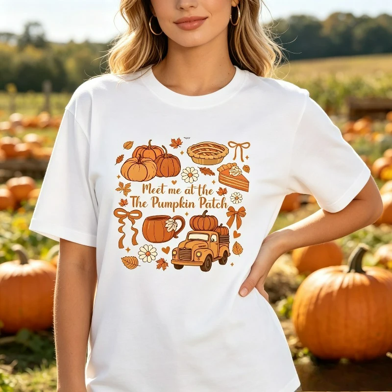 Meet me at the The Pumpkin Patch Women T-Shirt 100% Cotton Regular Fit Pumpkin Retro Truck Apple Pie Flower Print Top