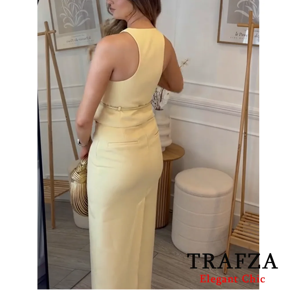 TRAFZA Fashion Summer Autumn 2024 Women Yellow Solid Skirt Set Belt Vest and Midi Skirt or Mini Dress Party Date Sweet Dress