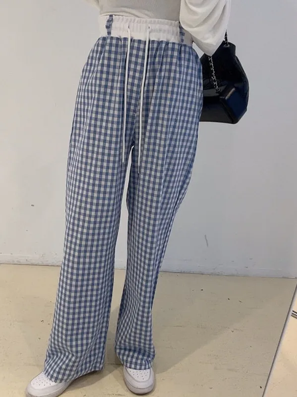 Retro High Waist Plaid Wide Leg Pants Women's Chic Loose Versatile Youthful Casual Trousers Korean Sle Autumn Season
