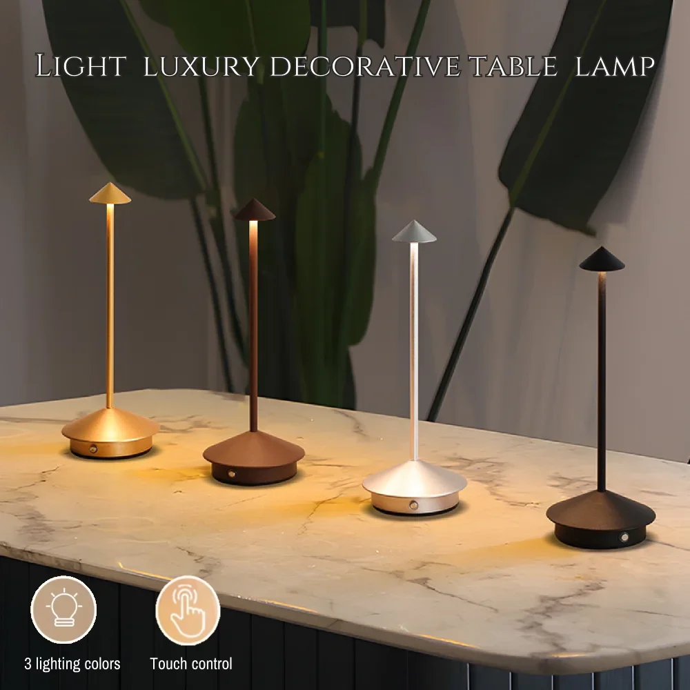 Creative LED Pointed Desk Lamp Charging Touch 3 Color Stepless Dimming Night Light Hotel Bar Restaurant Table Decoration Light