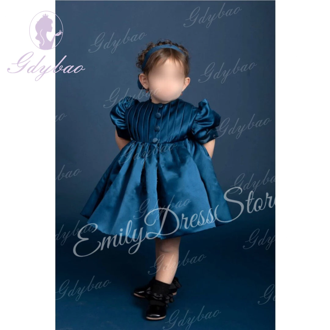 Vestido de niña de flores de satén personalizado para boda hasta la rodilla cintura alta hinchado azul real fiesta de cumpleaños para niños vestido de primera comunión