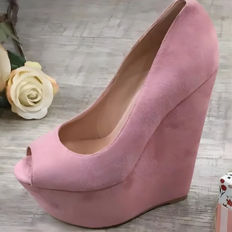 

Розовые замшевые туфли-лодочки с открытым носком на высокой платформе и танкетке, без застежки, из эластичной ткани, на танкетке, увеличивающие рост, женские туфли-лодочки, черные