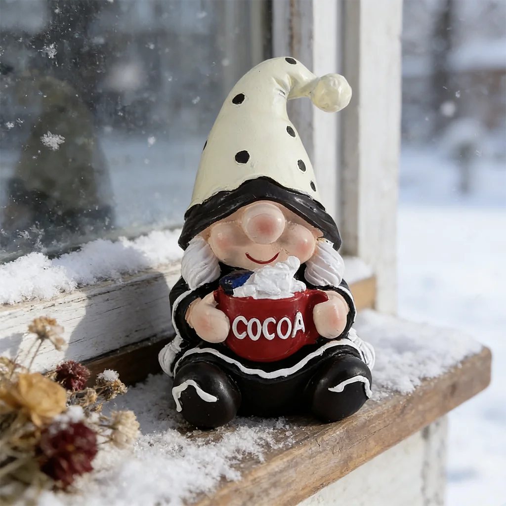 Christmas Cocoa Gnome Figurine Resin Cute Winter Elf Statue Holding Hot Chocolate Mug Cozy Home Desk Decoration Gift for Holiday