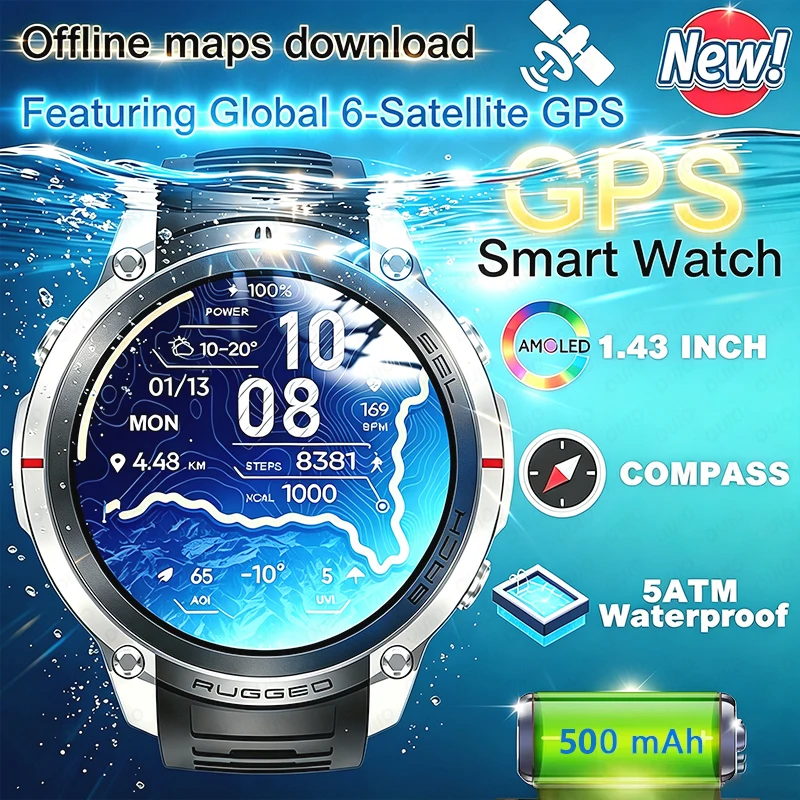 

2026 New Built-in Military 6 Satellite GPS Smart Watch 1.43 Inch AMOLED 5ATM Waterproof 500MAH 170+ Outdoor Sports Smart Watch